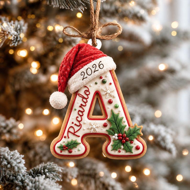 Personalized Gingerbread Letter 2D Flat Ornament, Custom Kids Name Ornament