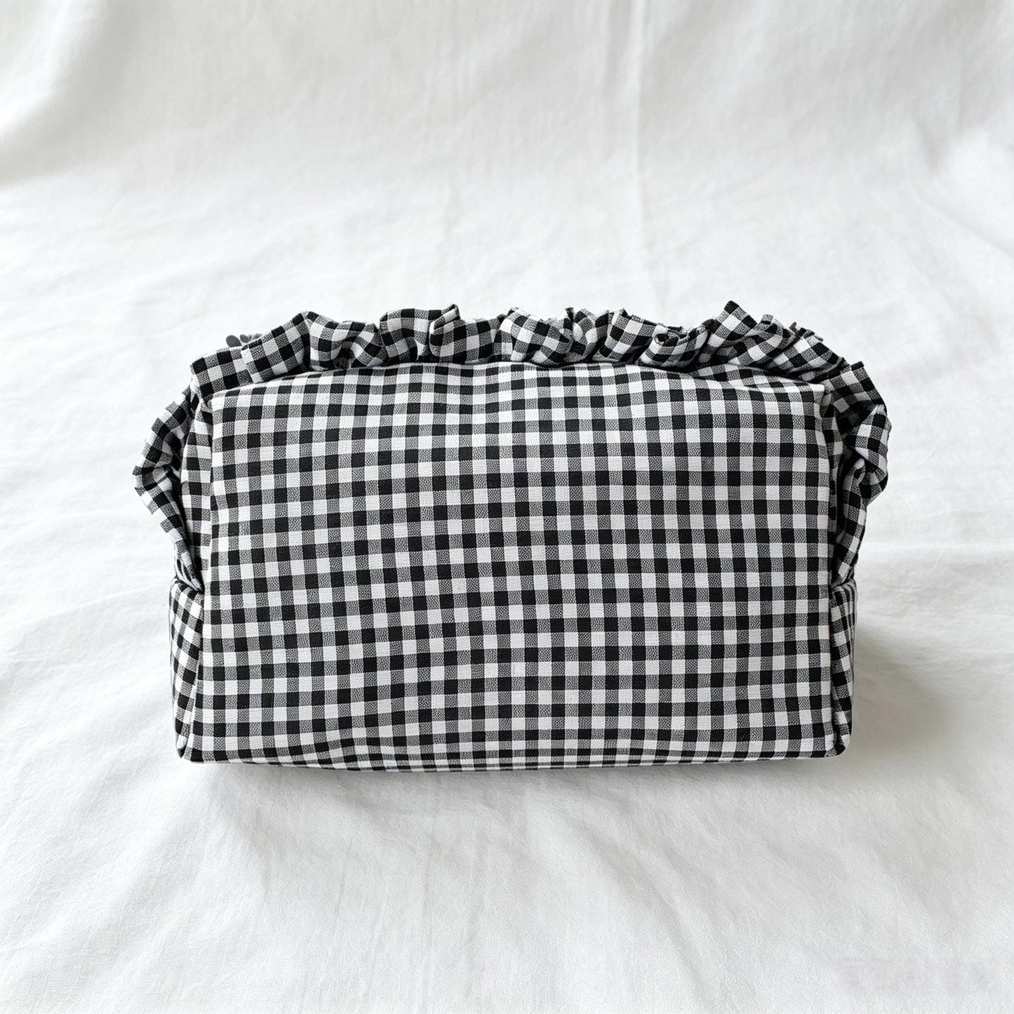 Custom Embroidered Name Gingham Makeup Bag: Ruffle Frill Plaid Cosmetic