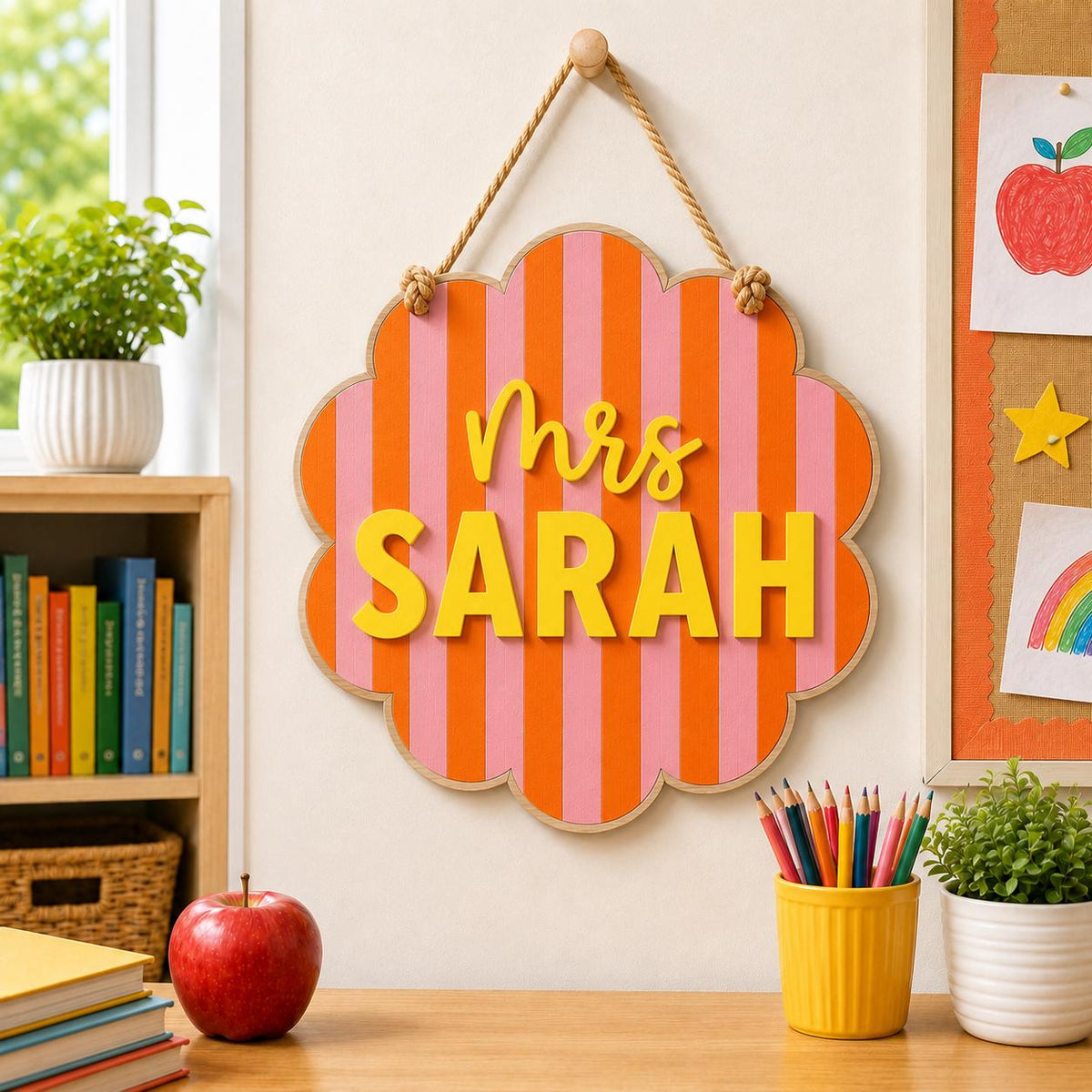 Personalized Teacher Door Sign, Scalloped Striped Wooden Name Plaque