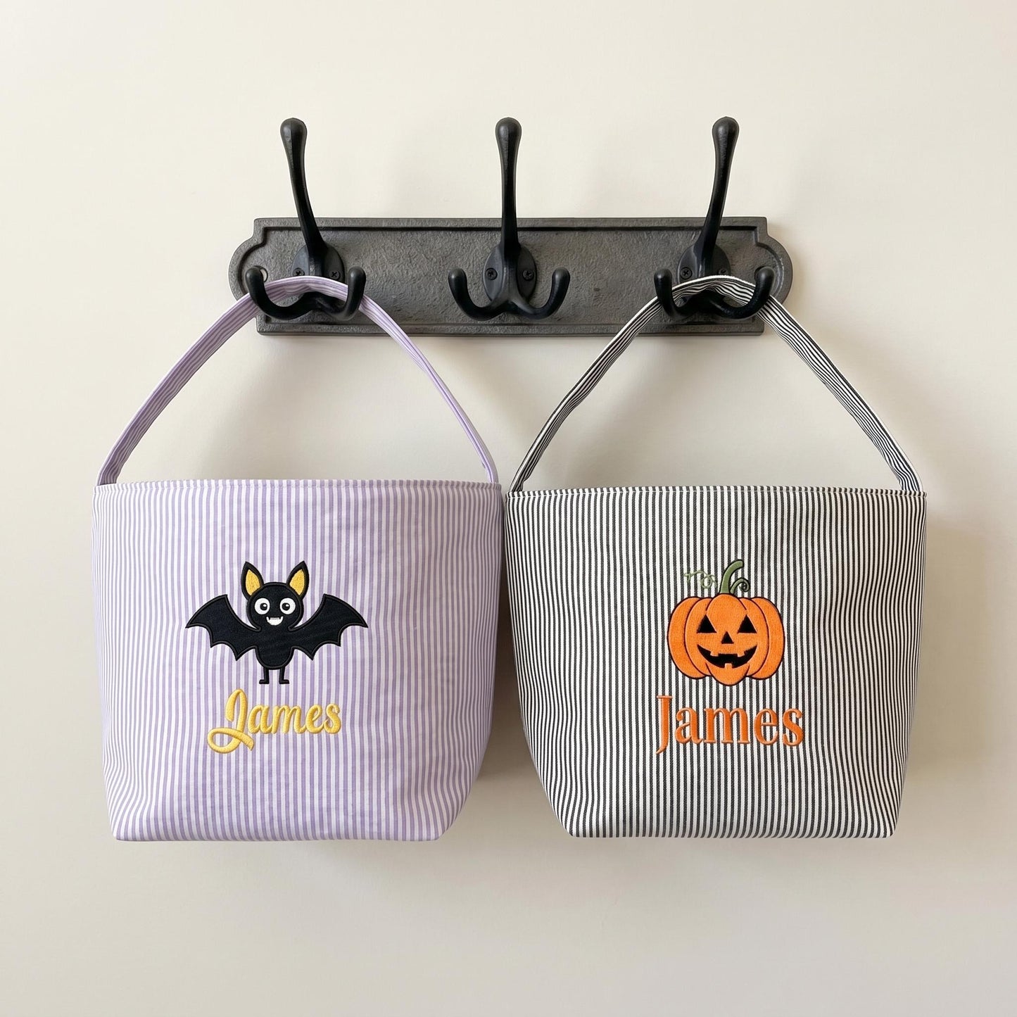 Personalized Seersucker Halloween Trick or Treat Basket, Kids Candy Bucket