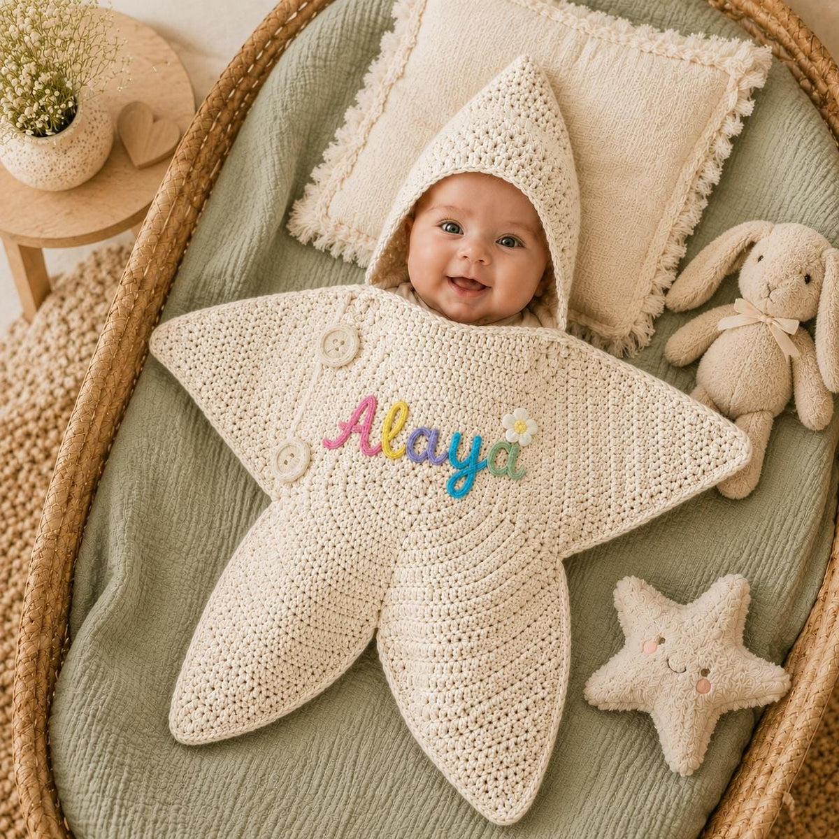 Crochet Star Baby Outfit, Personalized Name Hooded Cocoon, Newborn Photo Prop, Baby Shower Gift, PDF Pattern, DIY Kit or Finished