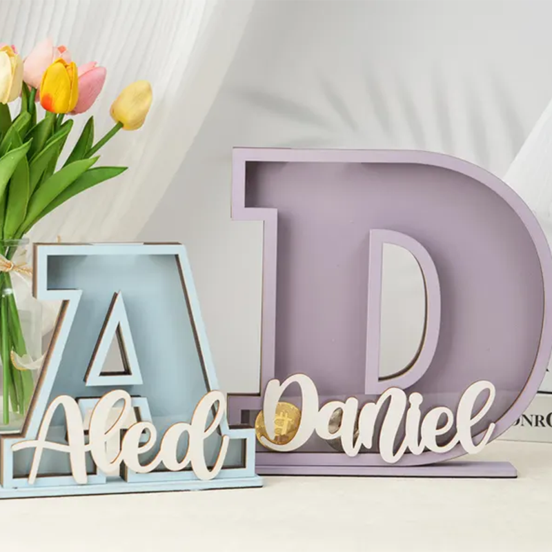 Personalized Letter Piggy Bank: Wooden Initial Coin Bank