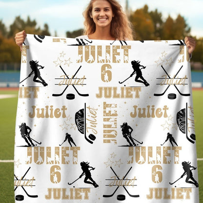 Ice Hockey Girl Personalized Blanket, Custom Name Hockey Throw