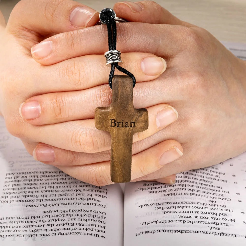 Personalized Wooden Cross Heart Keychain