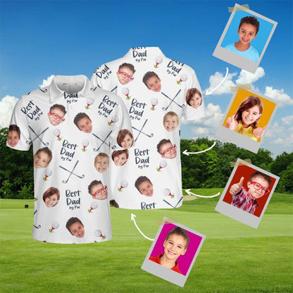 Best Dad By Par Polo Shirt with Custom Kid Face Photo Portrait, Father's Day Gift