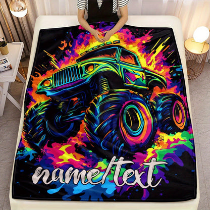 Glam Style Custom Name Monster Truck Flannel Throw Blanket