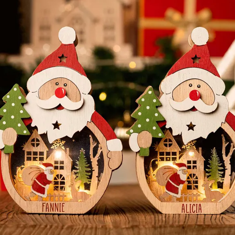 Personalized Christmas Lamp for Kids,Wooden Snowman/Santa Lantern