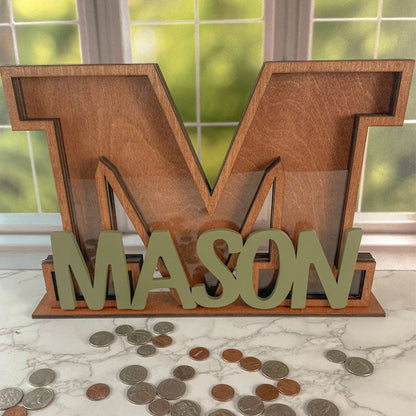 Personalized Letter Piggy Bank: Wooden Initial Coin Bank