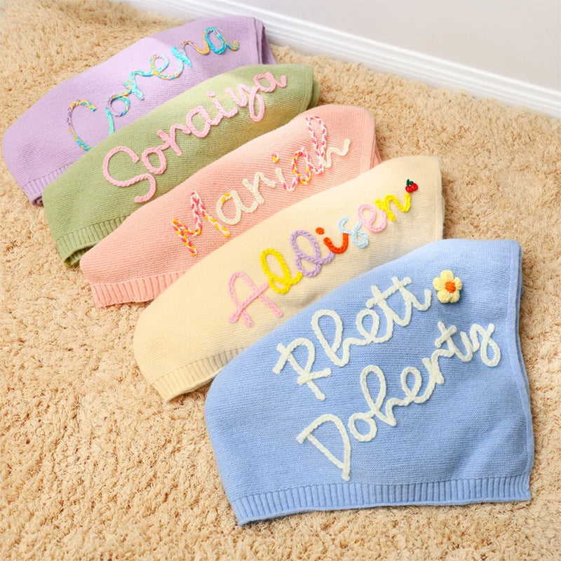 Personalized Hand-Embroidered Knit Baby Blanket Baby Name Blanket