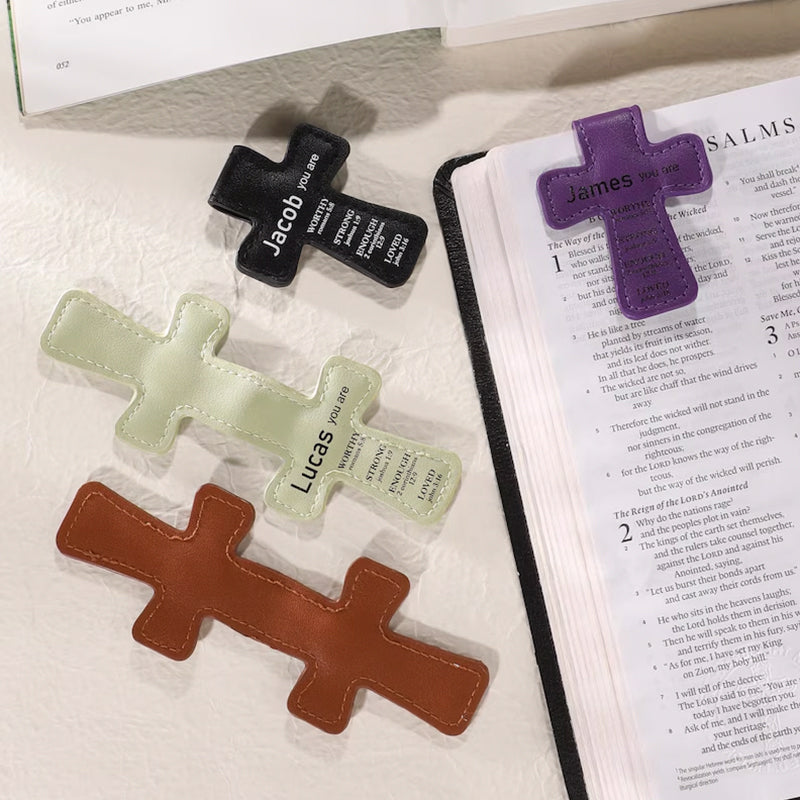 Custom Name Bible Verses Cross Shaped Leather Magnetic Christian Bookmark Clip