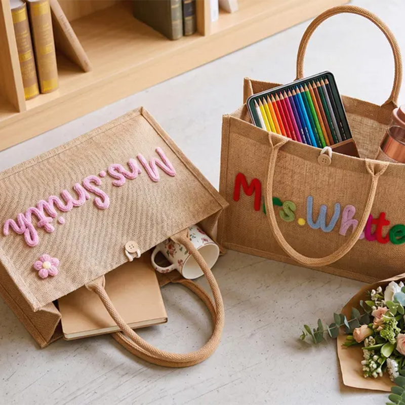 Personalized Burlap Teacher Tote Bag,Custom Crochet Name Tote Bag
