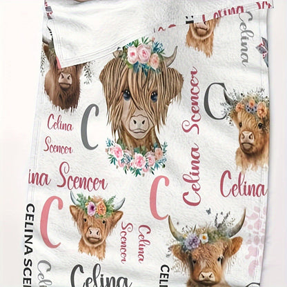 Personalized Highland Cow Print Flannel Blanket