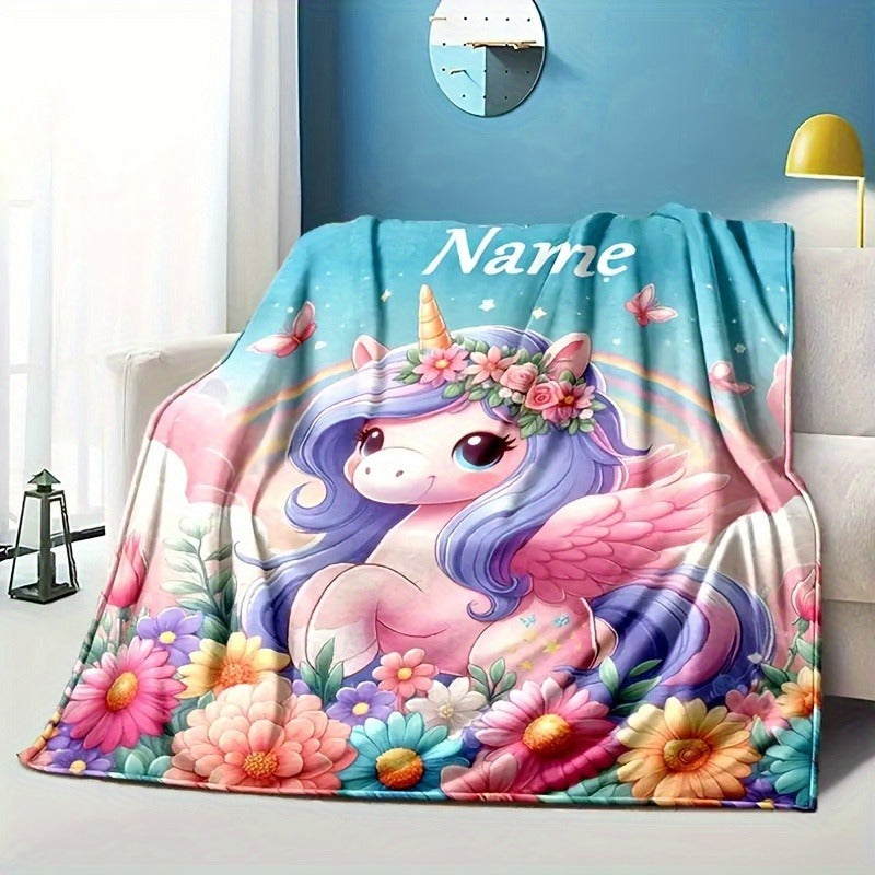 Creative Cartoon Unicorn Butterfly Floral Pattern Text Custom Flannel Print Blanket
