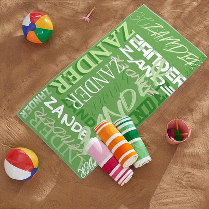 Custom Beach Towel with Vibrant Typography Design – Personalized Text & Colorful Patterns