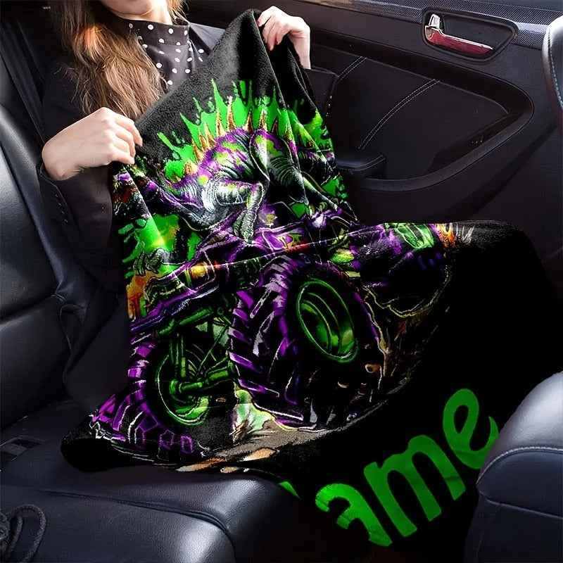 Creative Dinosaur Off-Road Truck Pattern Text Custom Flannel Print Blanket