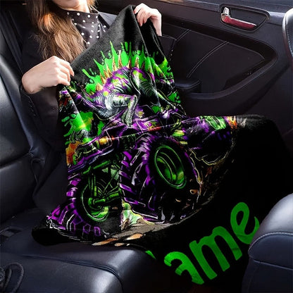 Creative Dinosaur Off-Road Truck Pattern Text Custom Flannel Print Blanket