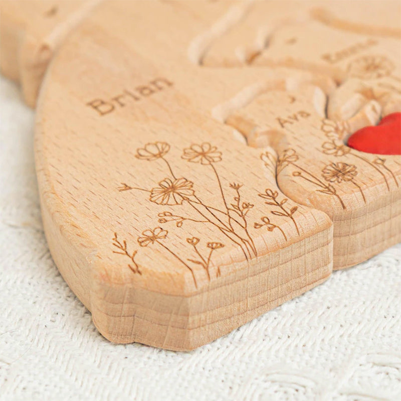 Hugging Bear Family Floral Version, Personalized Wooden Bear Family Puzzle