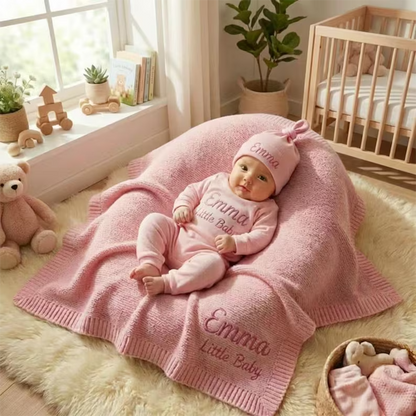 Embroidered Baby Girl Name Outfit Set, Cotton Blanket Romper Hat Set