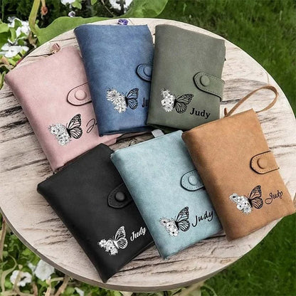 Personalized Tri-Fold Butterfly Leather Wallet with Coin Holder Birthday Gift for Woman