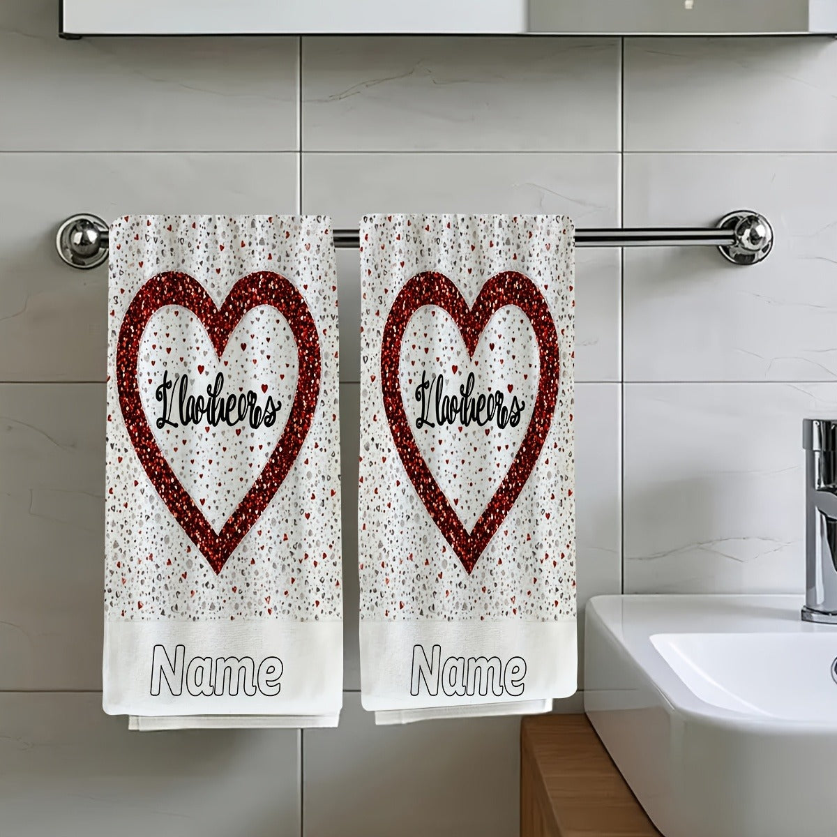 2pcs Personalized Red & White Glitter Heart-Shaped Towels with Custom Name