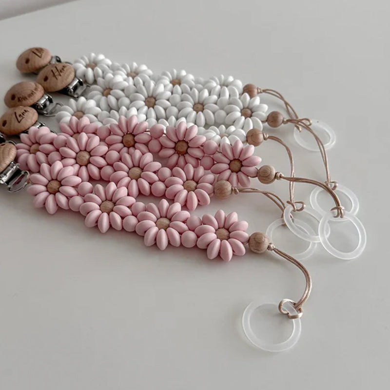 Personalized Flower Beaded Pacifier Clip Wooden Engraving