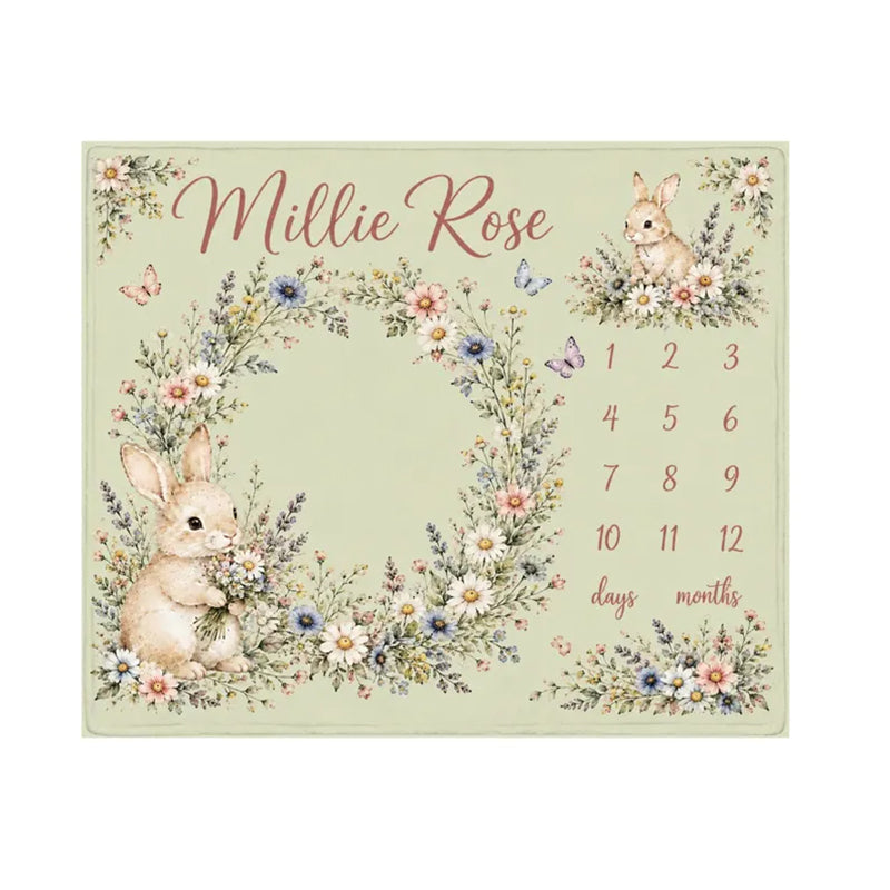 Personalized Bunny Floral Milestone Blanket, Customized Baby Month Flowers Blanket