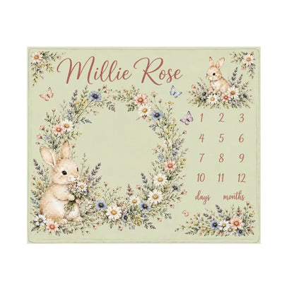 Personalized Bunny Floral Milestone Blanket, Customized Baby Month Flowers Blanket