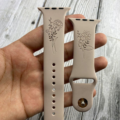 Birthday Flower, Birth Month Floral Silicone Band Laser Engraved, Apple Watch