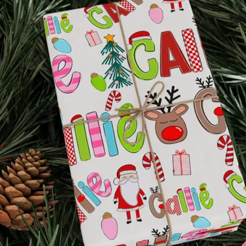 Personalized Wrapping Paper Fun Santa Elf Gift Wrap with Name