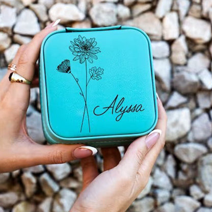 Birth Flower Jewelry Travel Case, Birth Month Flower Gift, Personalized Birthday Gift, Leather Jewelry Travel Case