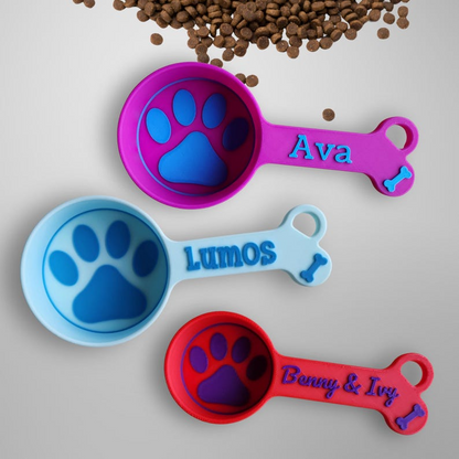 Personalized dog food scoops and cat food scoops