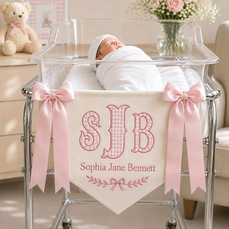 Embroidered Baby Banner, Monogram Hospital Sign, Birth Stats Tag
