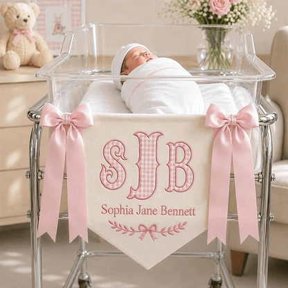 Embroidered Baby Banner, Monogram Hospital Sign, Birth Stats Tag