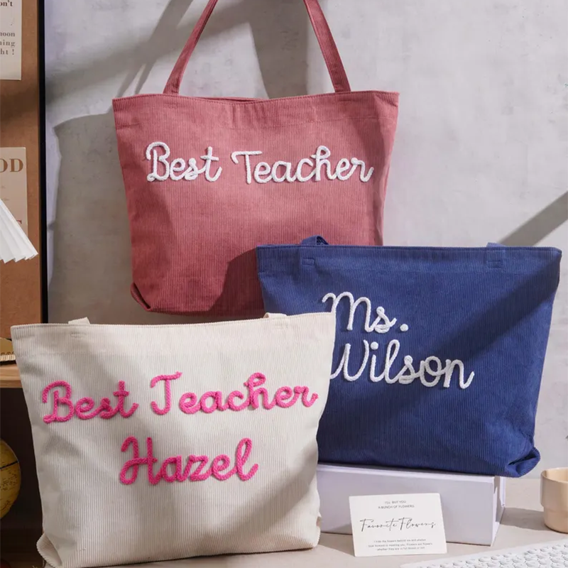 Personalized Corduroy Teacher Tote Bag,Hand Crochet Name Zipper bag