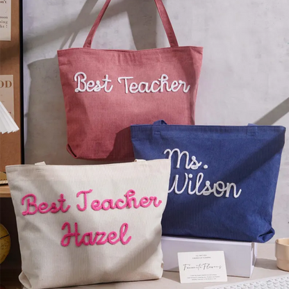 Personalized Corduroy Teacher Tote Bag,Hand Crochet Name Zipper bag