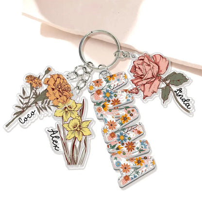 Personalized Mother's Day Gift For Mom, Custom Grandma Keychain With Birth Month Flowers