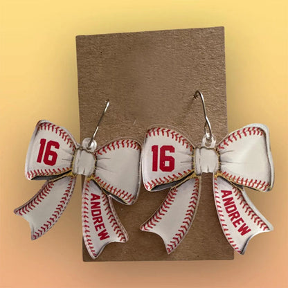 Custom Baseball Bow Earrings, Personalized Player Nam
