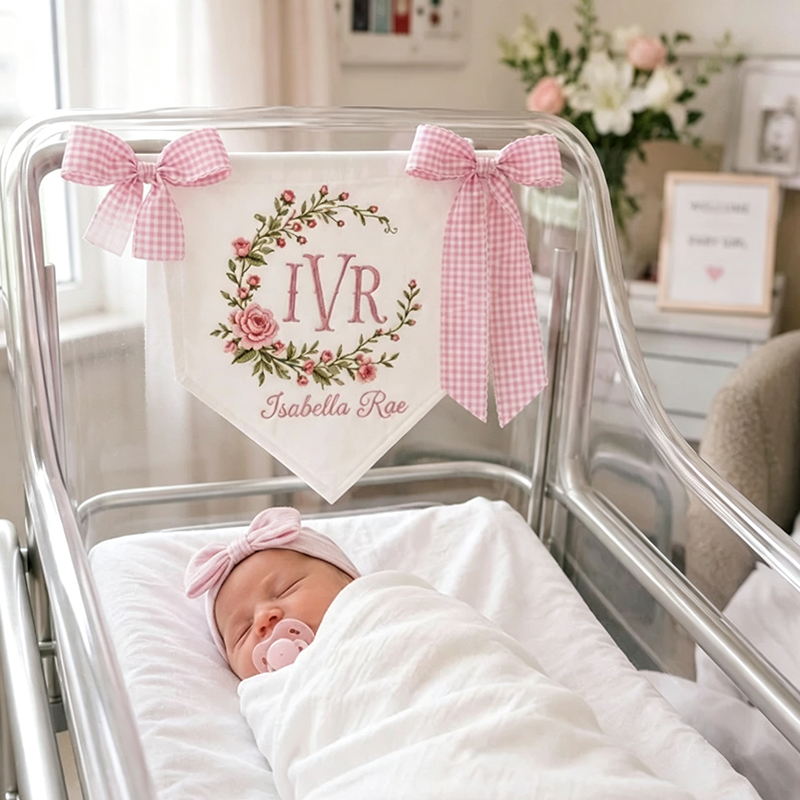 Personalized Baby Banner with Birth Name Tag, Welcome Banner with Floral Crest, Bows Baby Banner