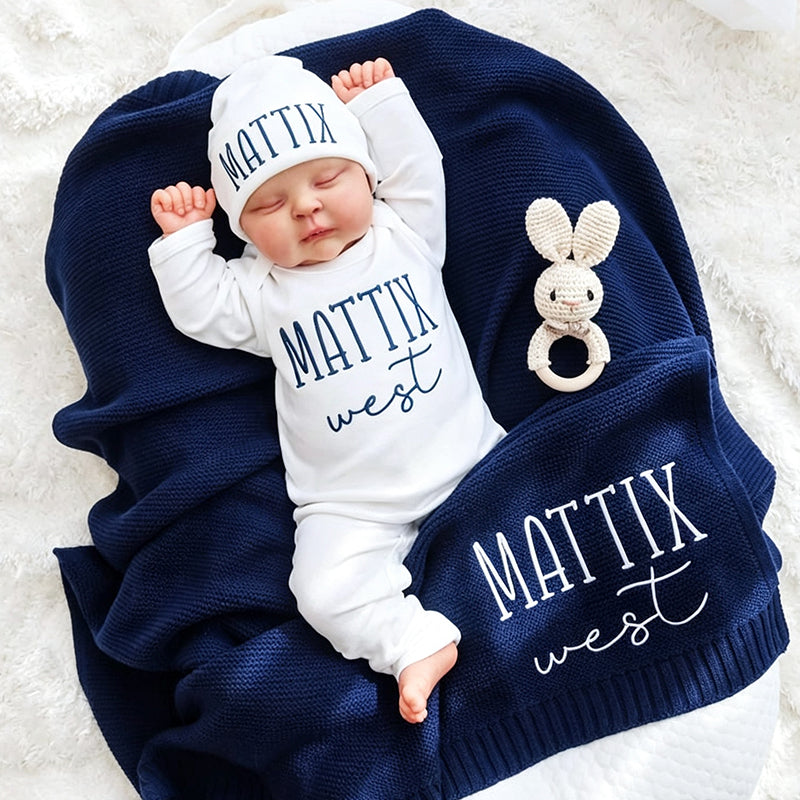 Embroidered Baby Name Outfit Set with Blanket, Personalized Newborn Romper and Hat