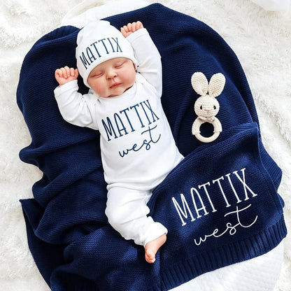 Embroidered Baby Name Outfit Set with Blanket, Personalized Newborn Romper and Hat