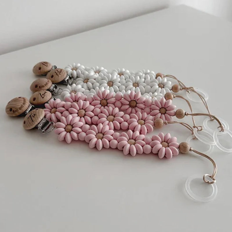 Personalized Flower Beaded Pacifier Clip Wooden Engraving