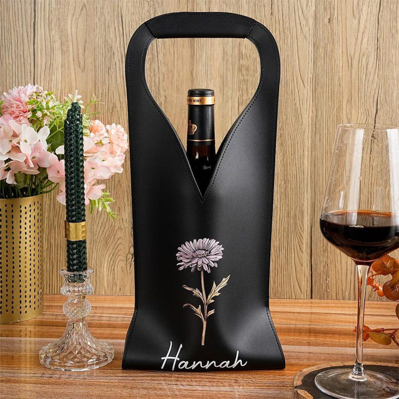 Personalized Birth Flower Leather Wine Bag with Name and Handle Protective Wine Accessories