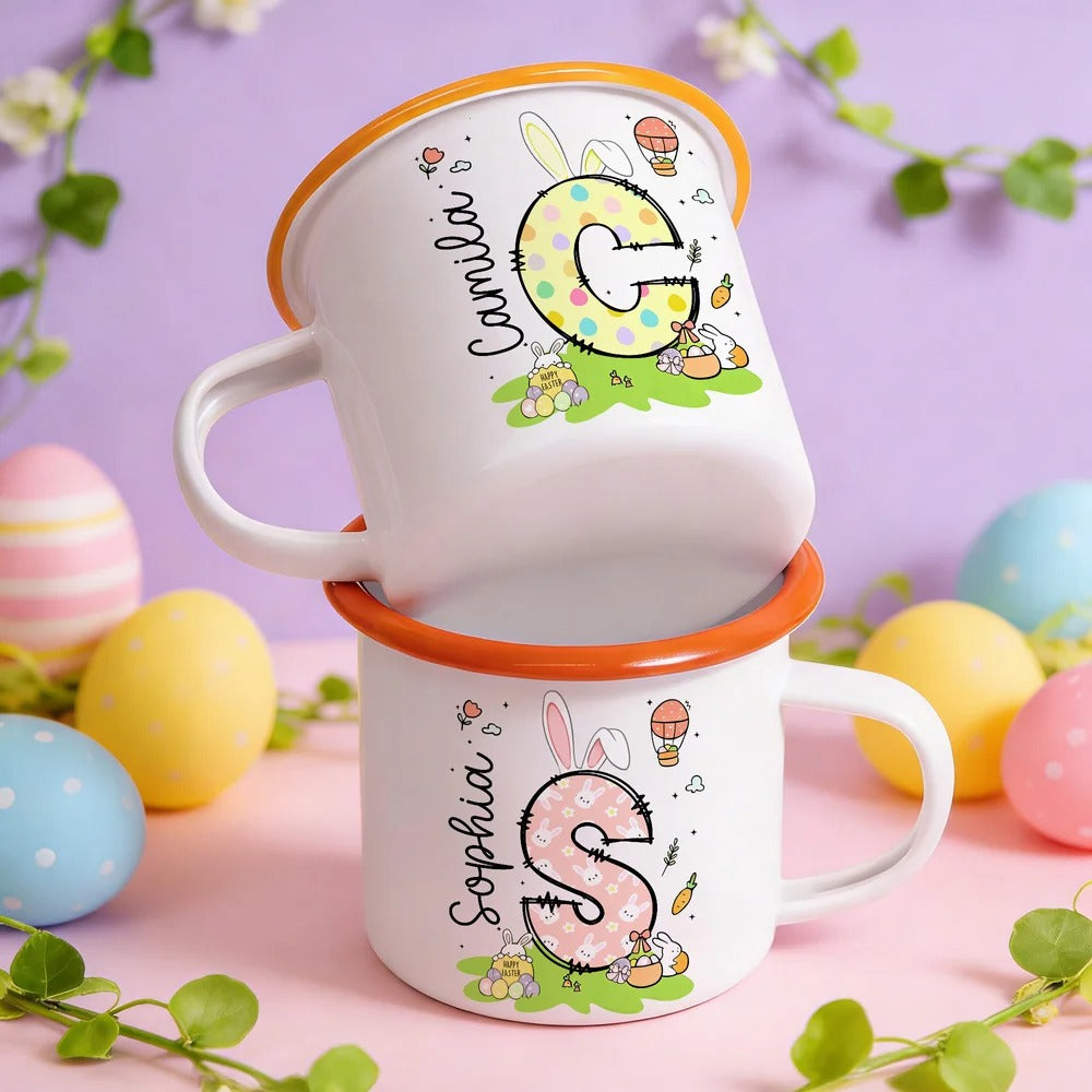 Personalized Colored Rabbit Easter Egg Initial 12 oz Enamel Mug