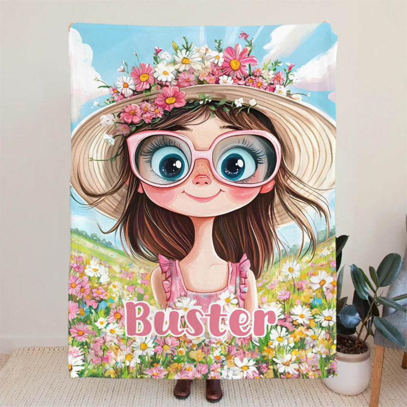 Personalized Cartoon Quirky Flower Girl Throw Blanket with Name