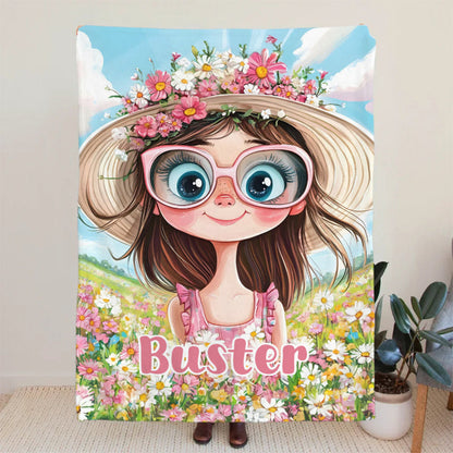 Personalized Cartoon Quirky Flower Girl Throw Blanket with Name