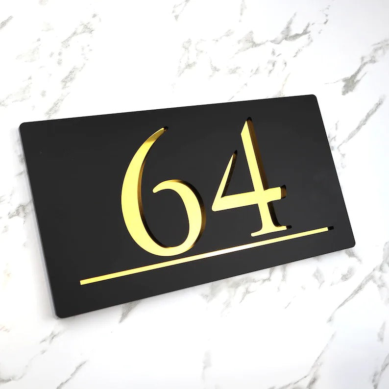 Laser Cut Matt Black & Gold Mirror Floating House Sign Door Address Laser Number Plaques