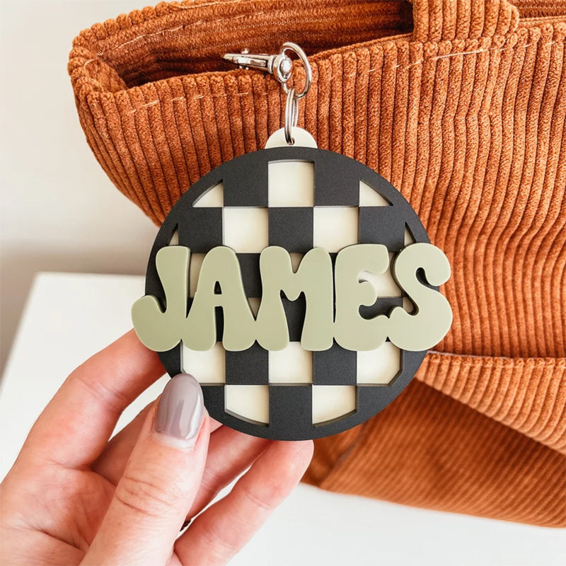 Checkered Backpack Tag, Backpack Name Keychain, 3D Name Keychain