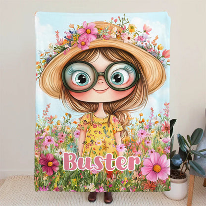 Personalized Cartoon Quirky Flower Girl Throw Blanket with Name
