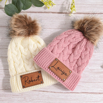 Leather Patch Beanies Kid Knitted Hat,Child & Adult