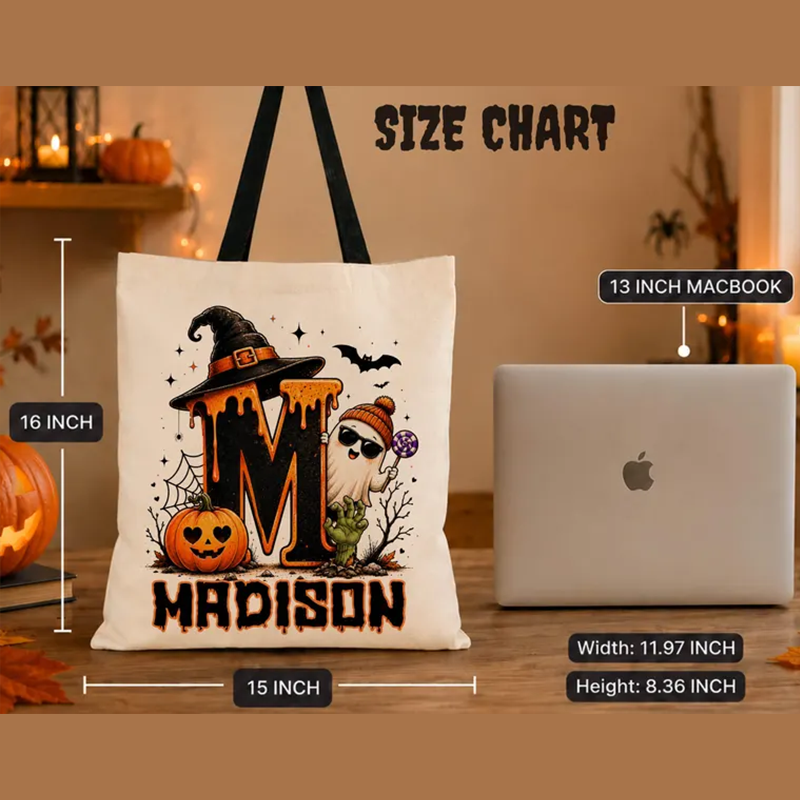 Cute Halloween Ghost bag, Spooky Goodie Bag, Custom Name Halloween Tote Bag
